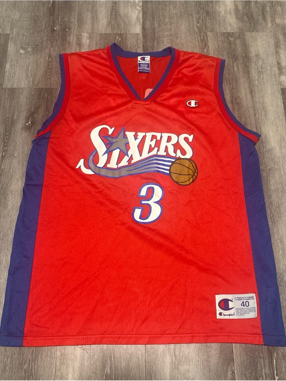 Vintage 90s Champion Allen Iverson #3 Philadelphia 76ers Sixers Jersey Red Sz 40